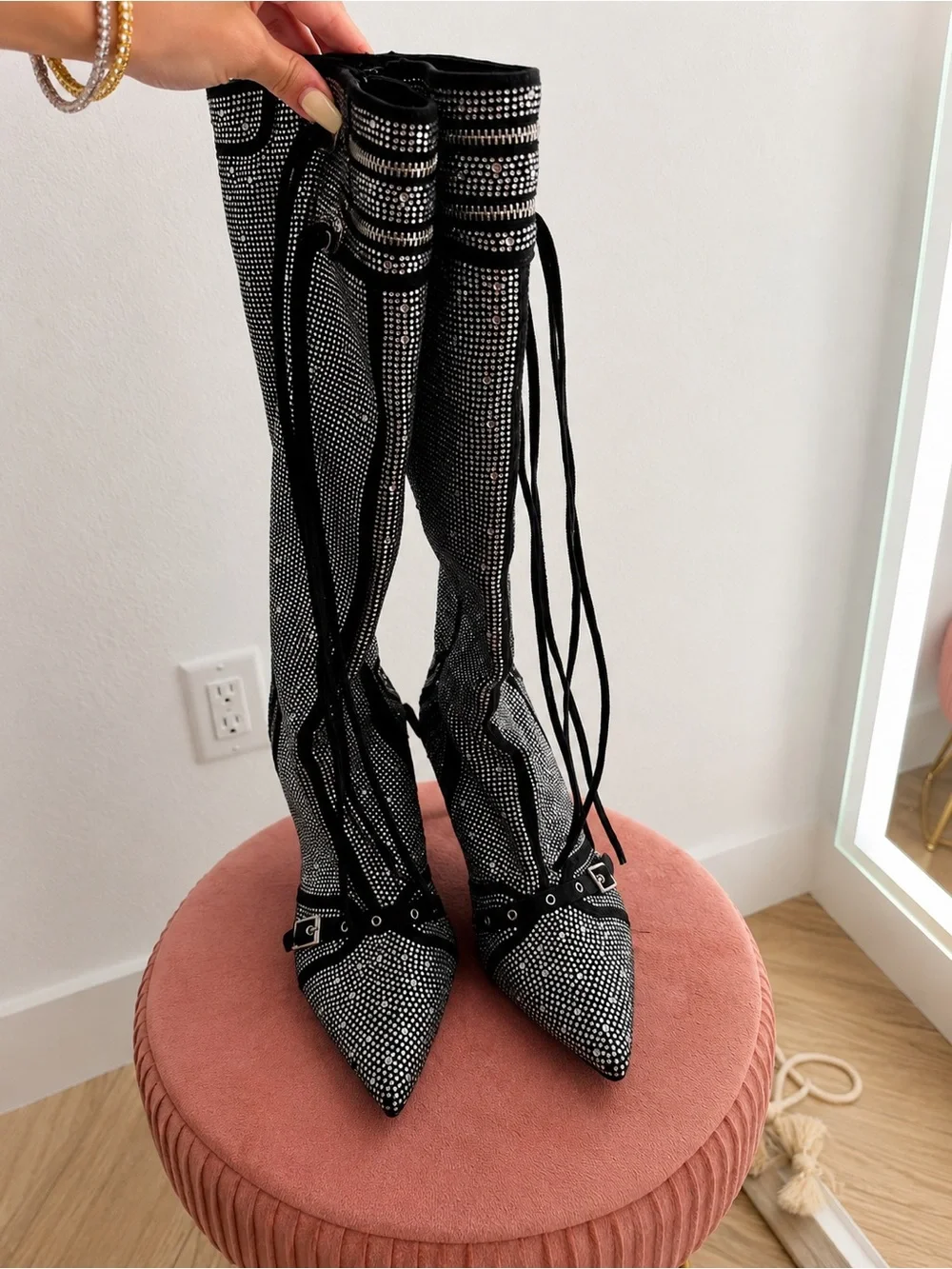 Women's Black Crystal-Embellished Knee Boot with Stiletto Heel